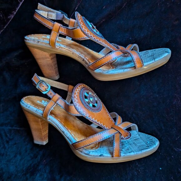 LIKE NEW Western Rodeo High-heel Sandals Medicine Wheel Leather Cork Spring Step - Picture 1 of 16